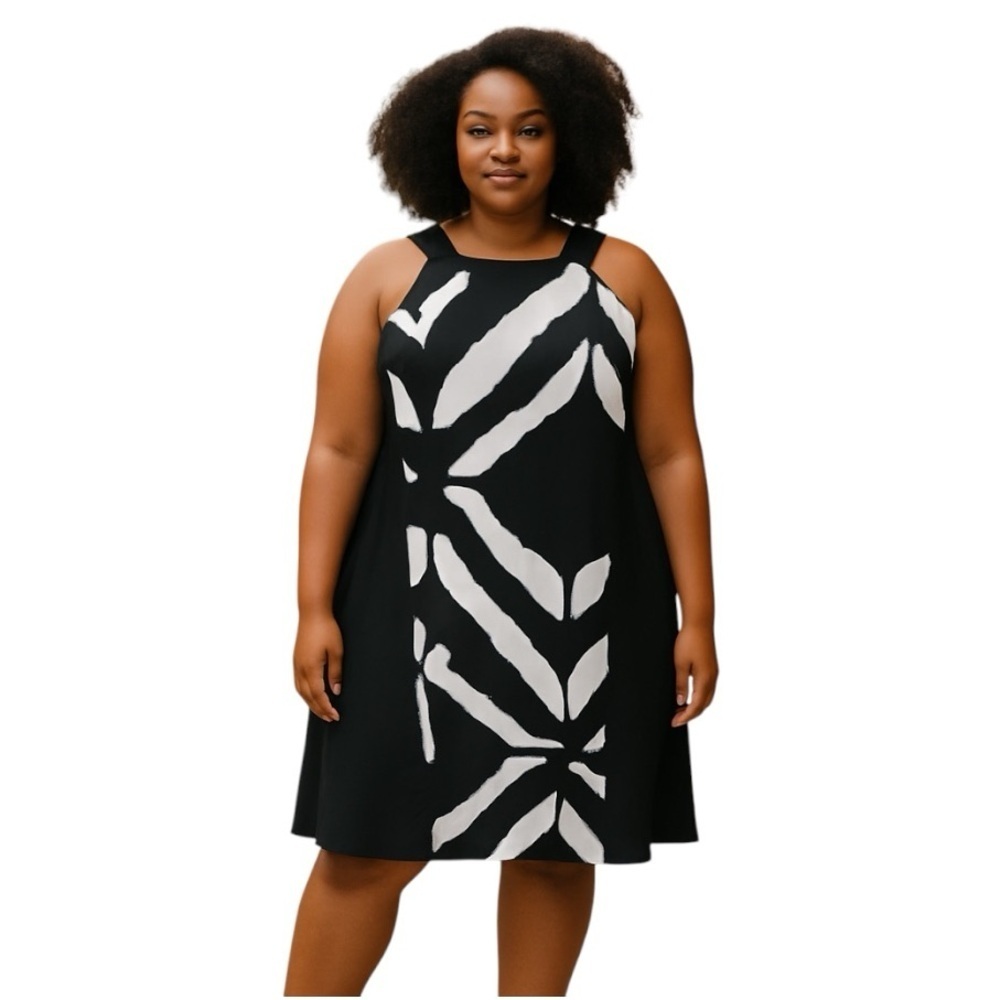 Addition Elle 1X Black Sleeveless Midi Dress with White Geometric Design